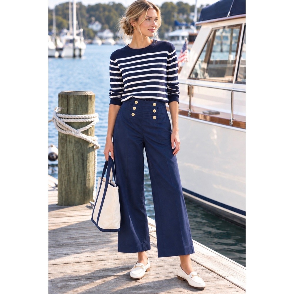 Lauren Ralph Lauren Sailor Pants Womens 4 Navy Wide Leg Nautical Silk Blend